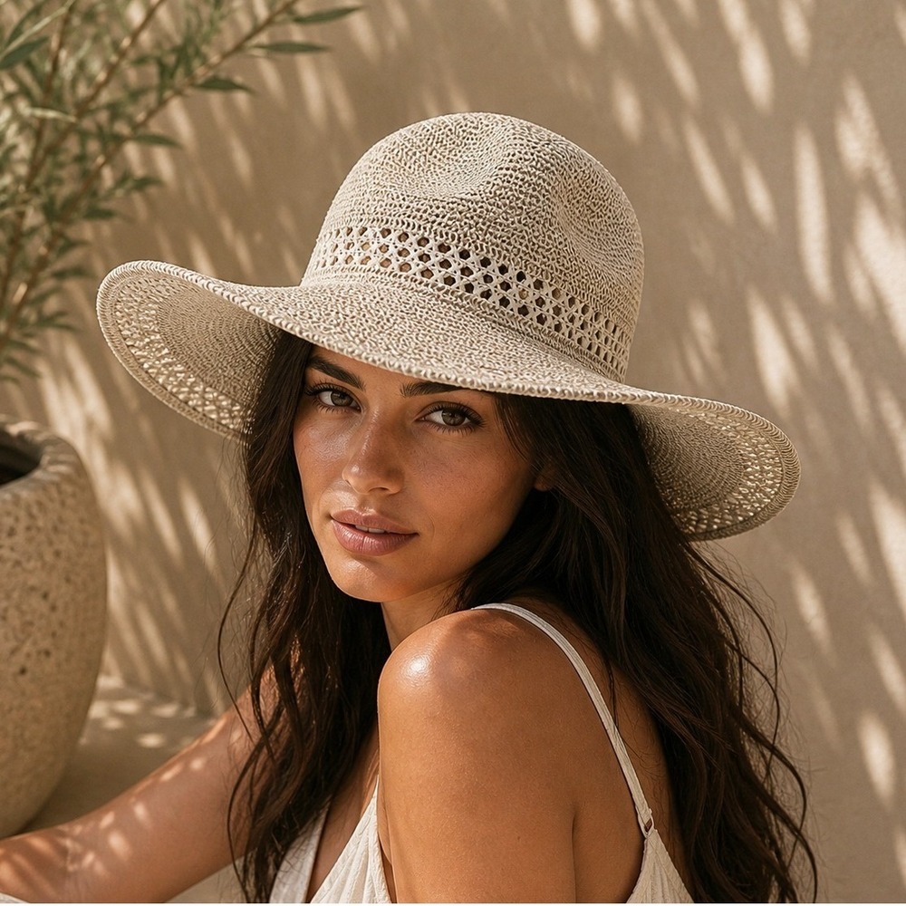 Calia Tan White Woven Wide Brim Sun Hat Lattice Detail Adjustable Straw Hat